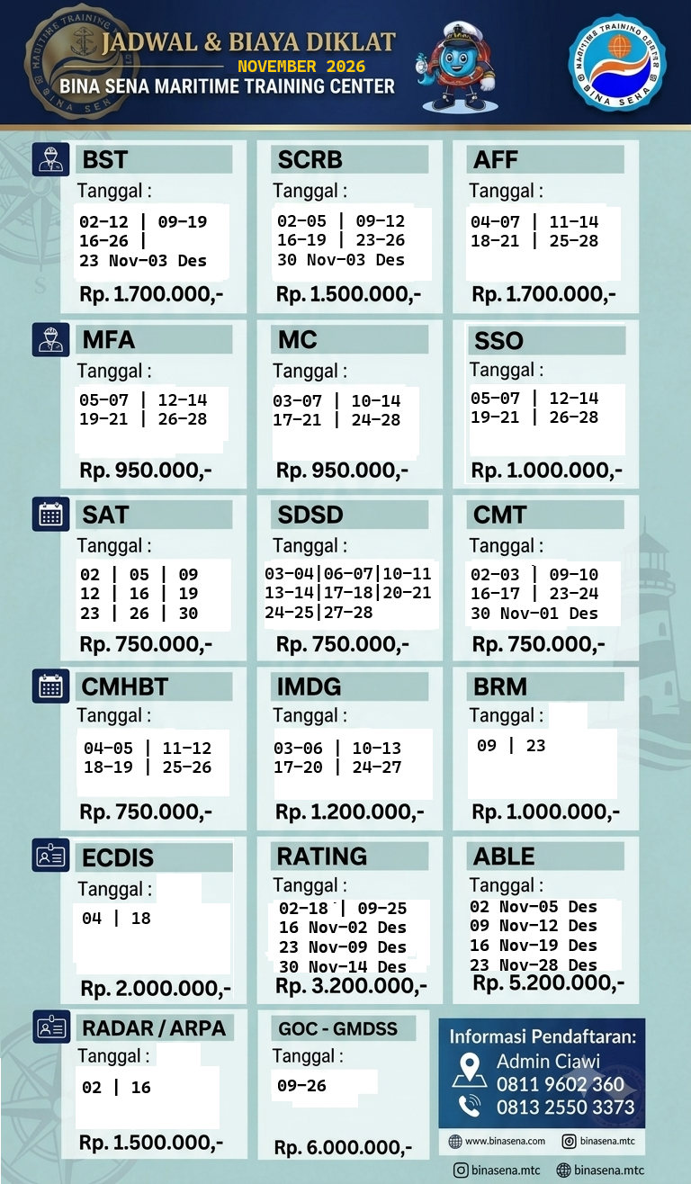 Jadwal dan Biaya Diklat November 2026 - Bina Sena - Maritime Training Center Jadwal dan Biaya Diklat November 2026 - Bina Sena - Maritime Training Center