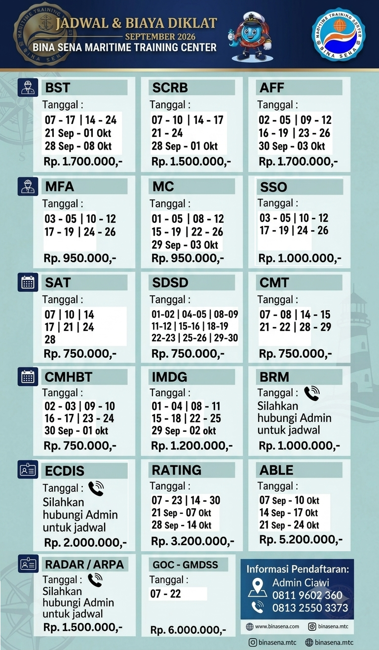Jadwal dan Biaya Diklat September 2026 - Bina Sena - Maritime Training Center
