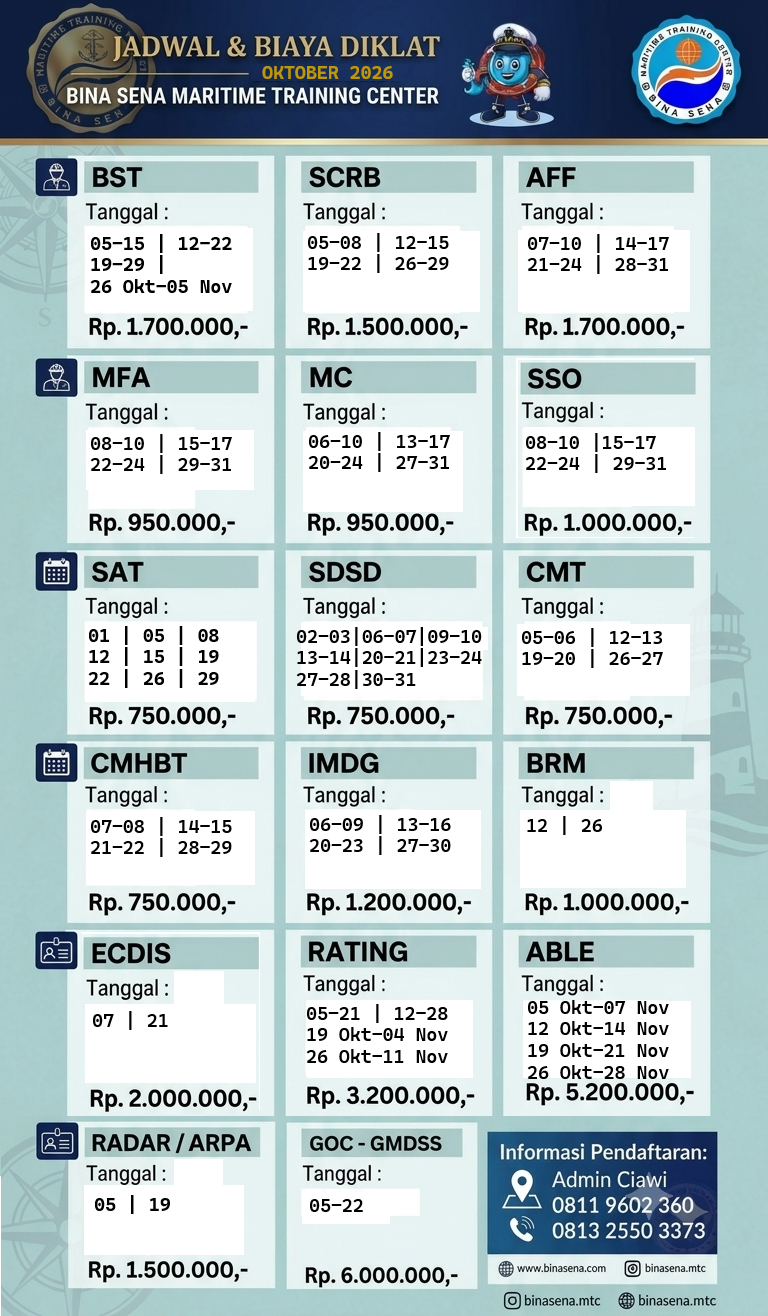 Kalender dan Biaya Diklat Oktober 2026 - Bina Sena - Maritime Training Center Kalender dan Biaya Diklat Oktober 2026 - Bina Sena - Maritime Training Center
