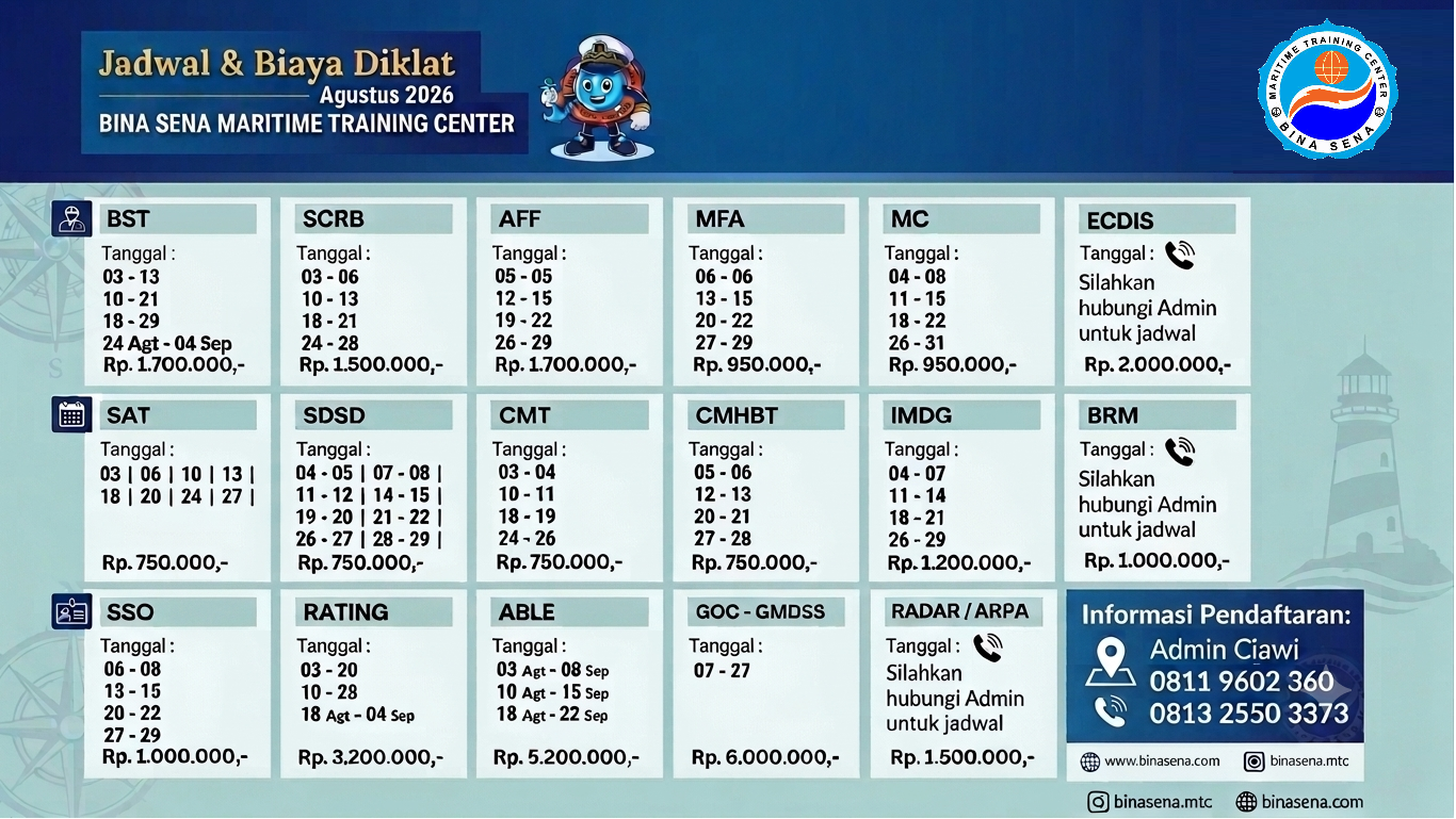 Kalender dan Biaya Diklat Agustus 2026 - Bina Sena - Maritime Training Center